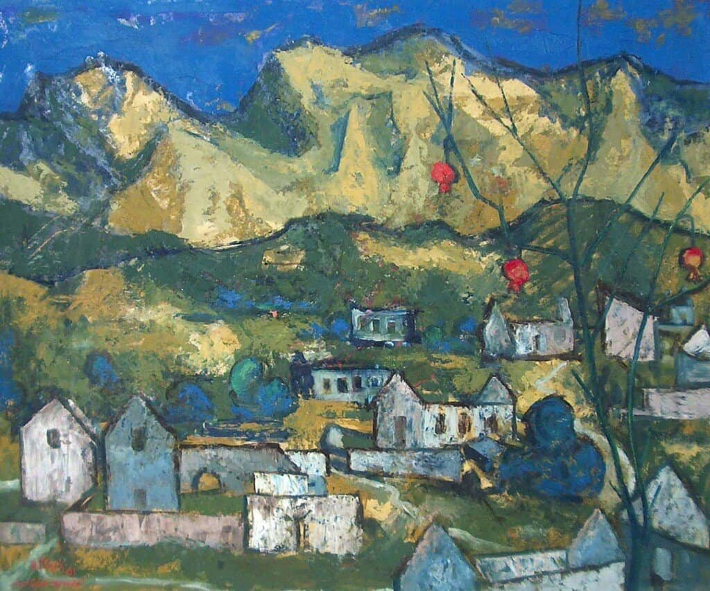 Aleksandar Aco Prijić, „Spaljeni Brajići“, ulje na lesonitu, 98 x 80 cm, 1961.
